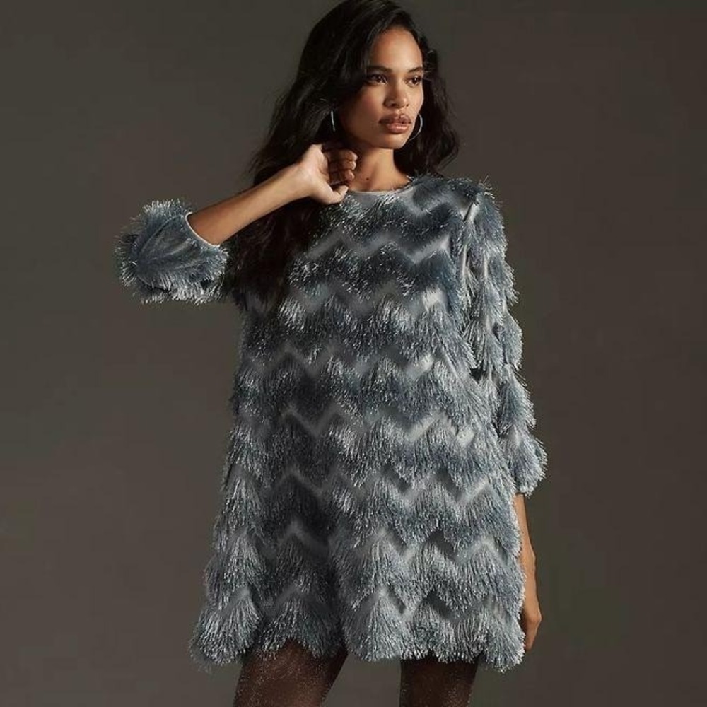 Hutch Anthropologie Blue Fringe Mini Shift Dress Party Holiday Size Medium
